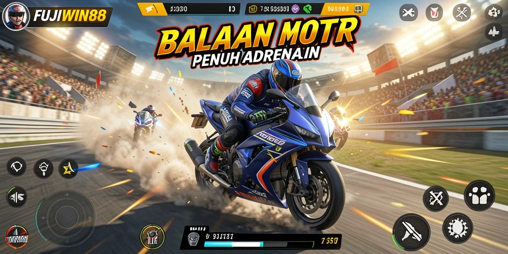 Tampilan gameplay balapan motor yang seru dan mendebarkan.