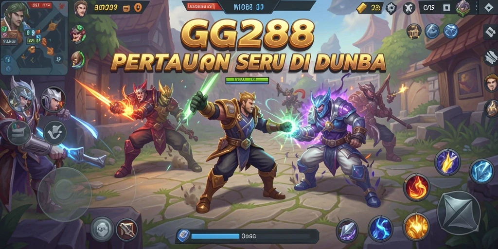 Screenshot GG288 menampilkan pertarungan MOBA yang mendebarkan dengan karakter unik.